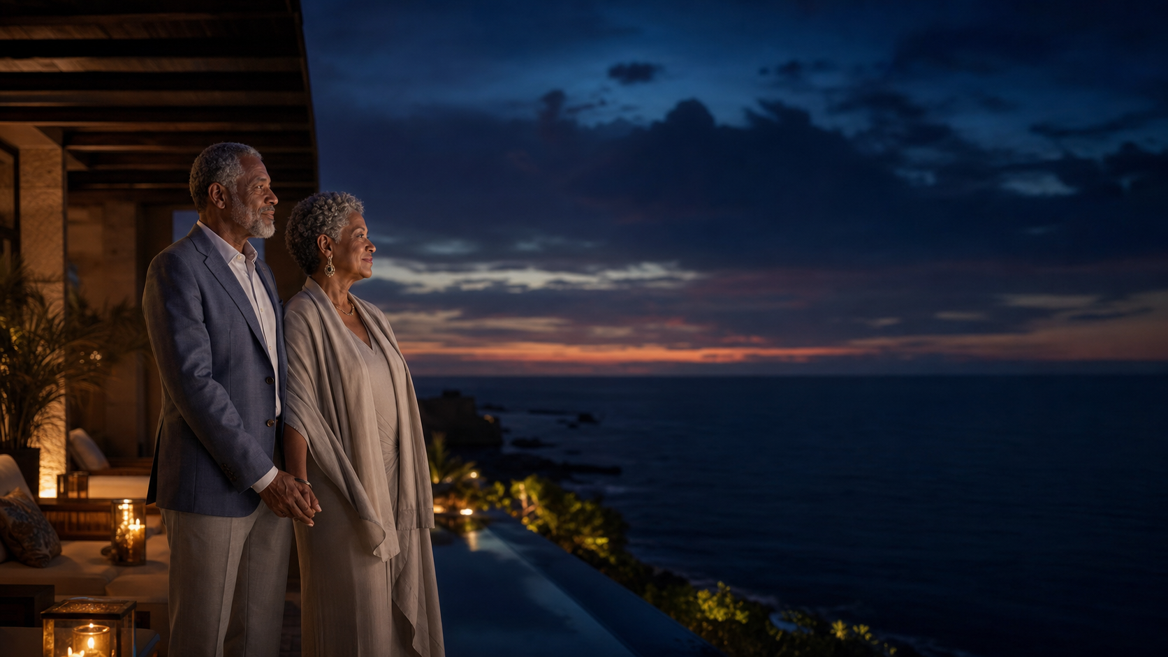 A couple overlooking the ocean at blue hour