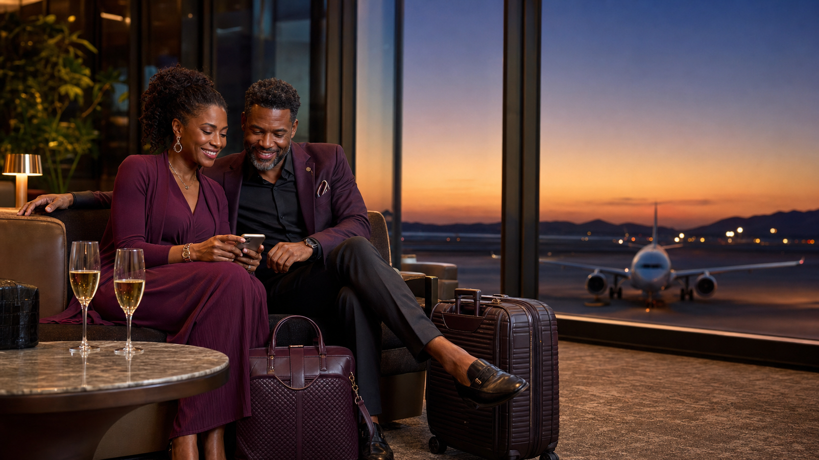 A couple reviewing flight options in an airport lounge