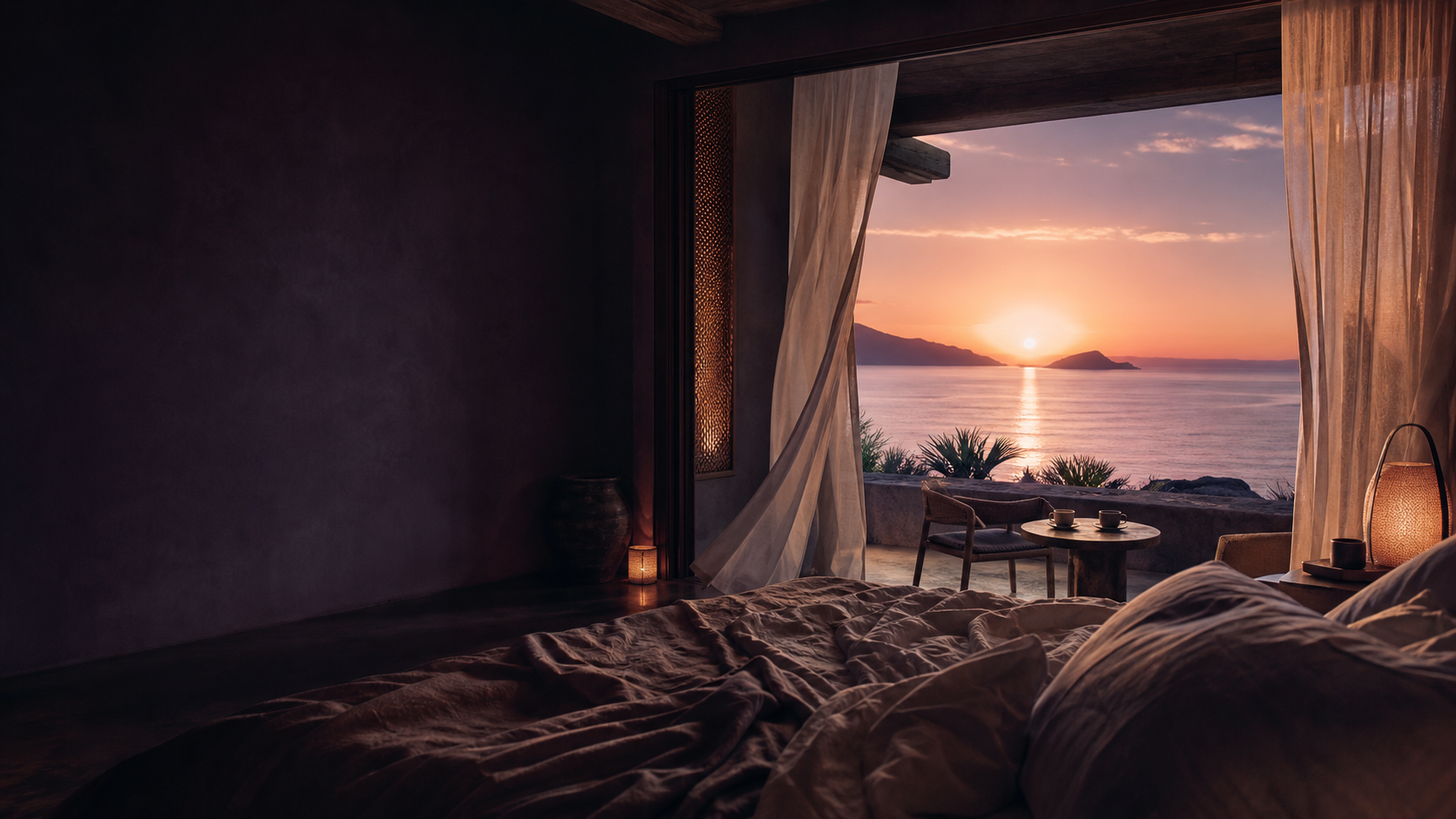 An oceanfront suite at sunrise